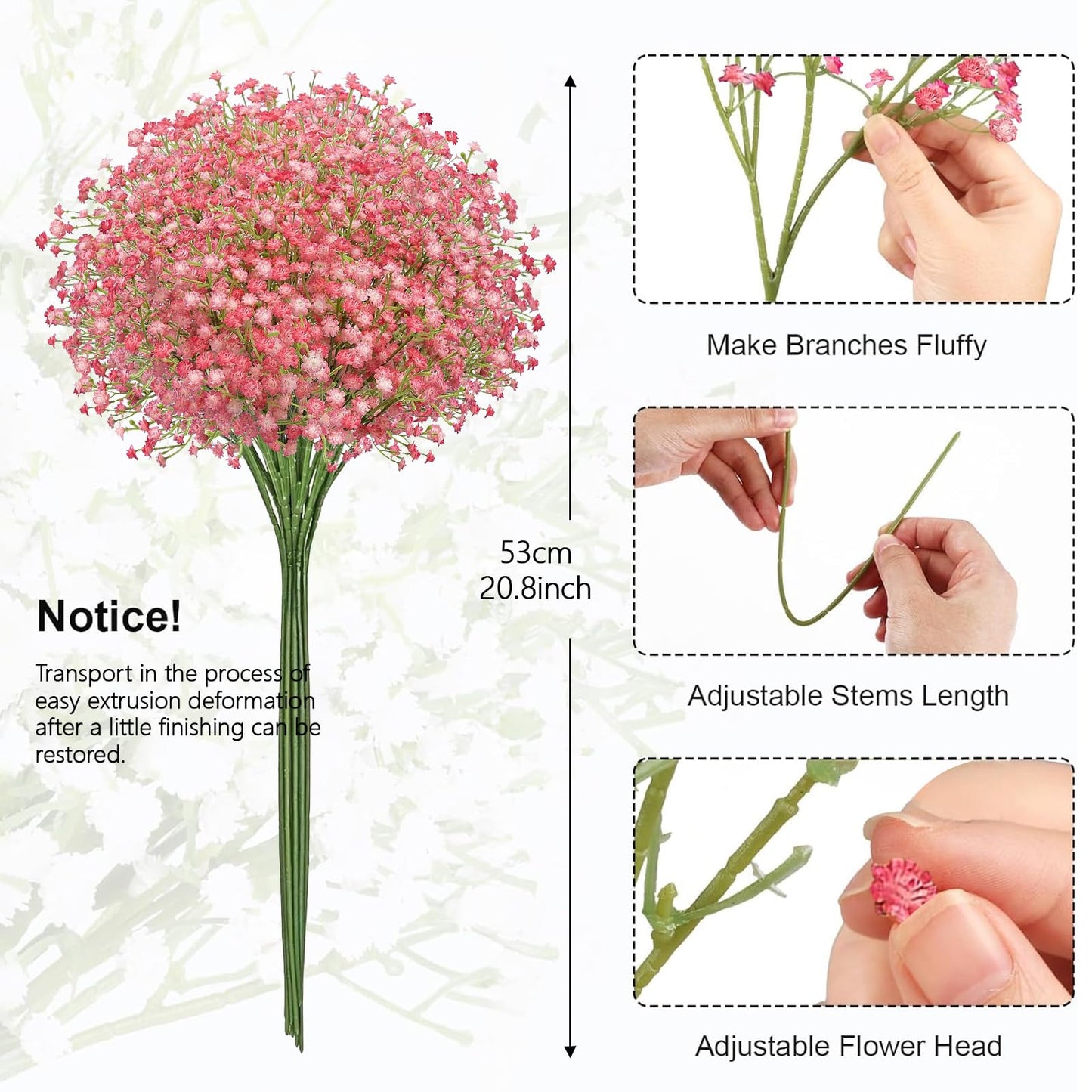 N&T NIETING Babys Breath Artificial Flowers Bulk, 24Pcs Fake Gypsophila Bouquet Flowers Real Touch Faux Babies Breath Arrangement for Wedding Floral Party Home Centerpieces Vase Decoration, Pink