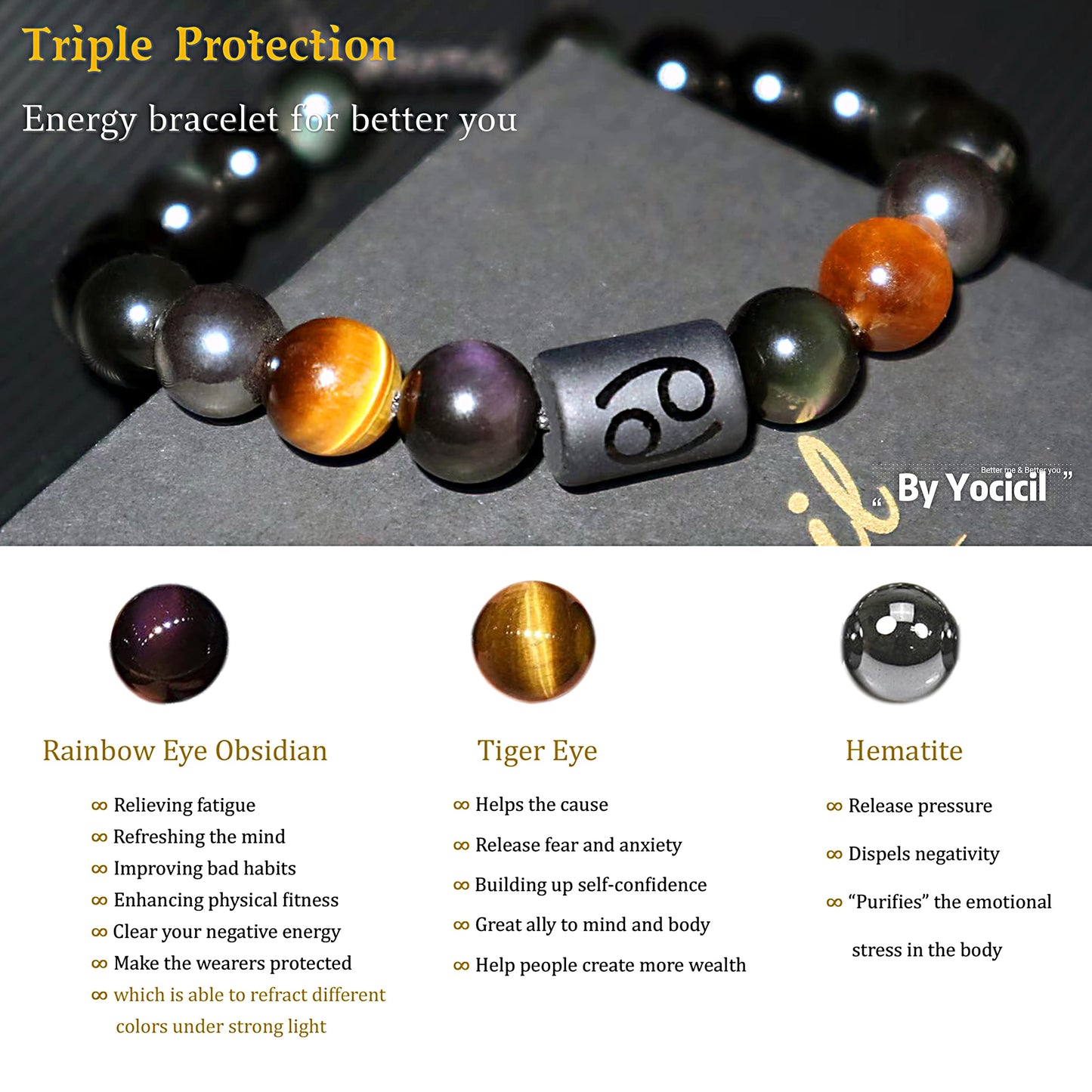 Yocicil Birthday Gift, Rainbow Black Obsidian Mens Bracelet, Couples Bracelets 10mm Natural Tigers Eye Hematite Bracelet, Zodiac Healing Crystal Bracelet Good Luck Gifts (Taurus gifts)