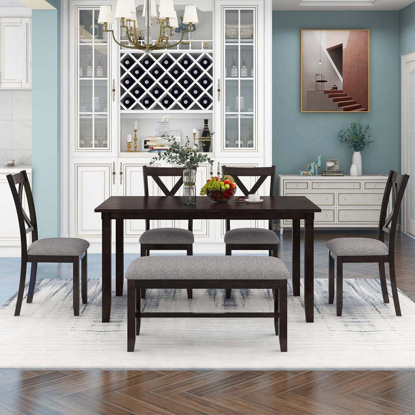 SogesPower 6-Piece Kitchen Dining Table Set for 4-6,Rectangular Dining Table with 4 Fabric Chairs & 1 Bench for Dining Room Living Room,Espresso