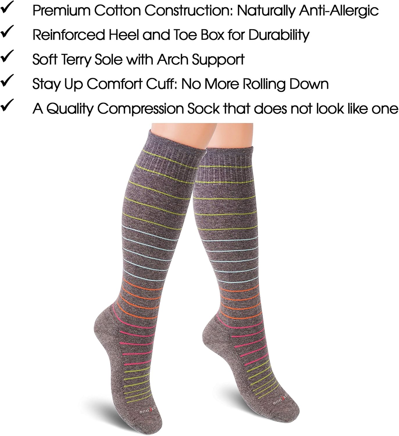 Cotton Compression Socks for Women & Men. 15-20 mmHg Support Knee-High Misty Gray Stripes M/L