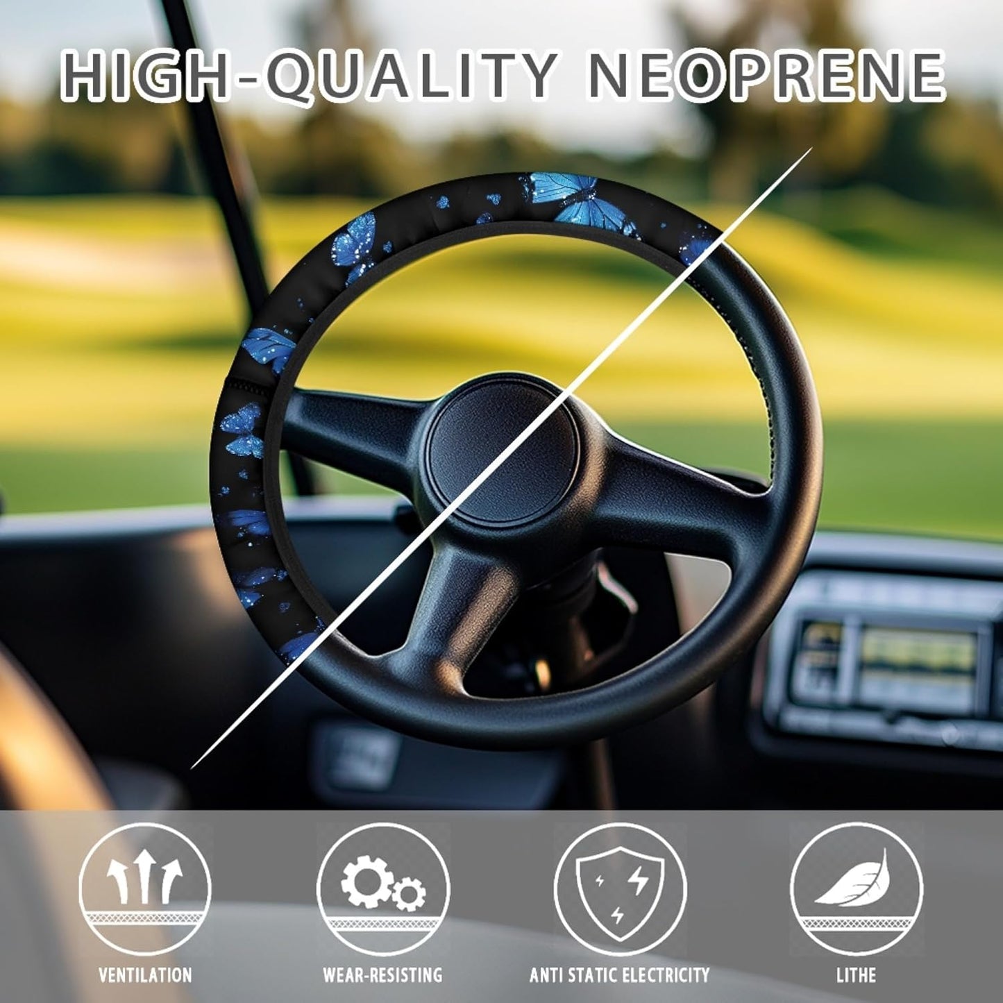Butterfly Golf Cart Steering Wheel Cover 13 Inch - 14 Inch Anti Slip Golf Cart Steering Wheel Covers Stretchable Golf Cart Accessories for Club Car Easy to Use and Clean