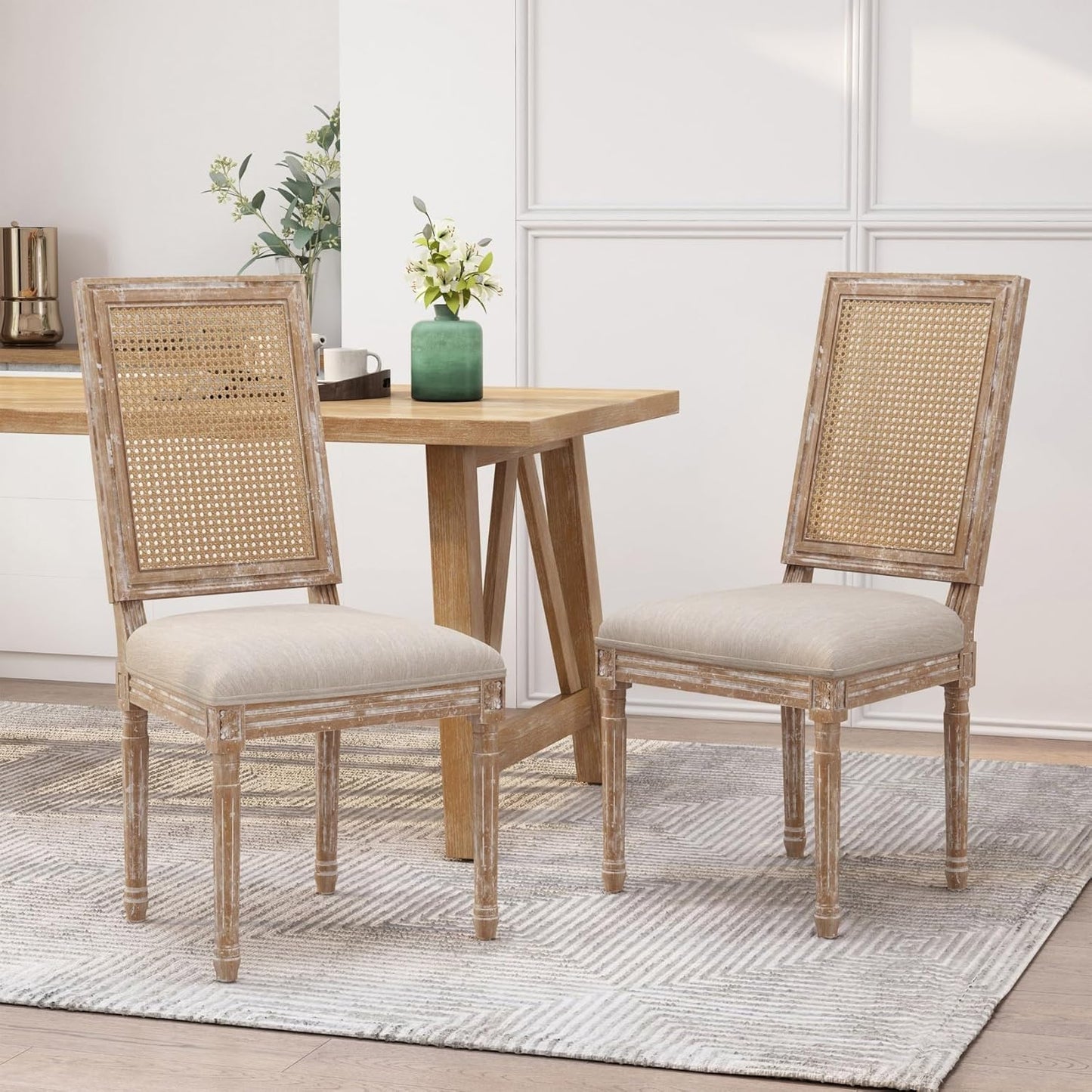Merax Upholstered Solid Wood Dining Chairs Set of 2, French Country Style Accent Side Seating Furniture for Kitchen, Living Room, Wicker Back, Beige