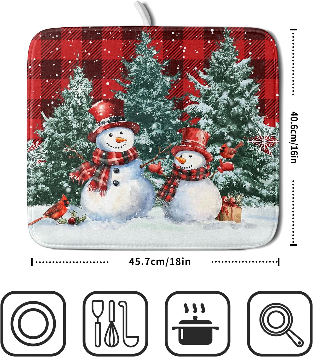 Christmas Snowman Dish Drying Mat for Kitchen Counter Xmas Trees Snowflake Buffalo Plaid Drying Mat 16x18 Inch Winter Holiday Absorbent Dish Drainer Mat Christmas Kitchen Accessories