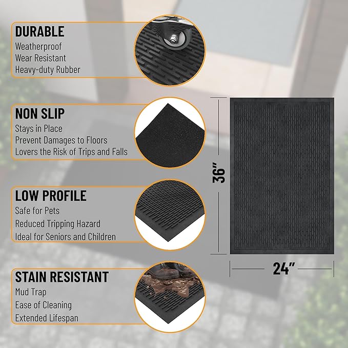 Sweet Home Stores Indoor/Outdoor Rug Ribbed Waterproof Design Multi-Purpose Rubber Mat, Perfect for Kitchens, Entryways, Living Rooms, Office, 24" x 36", Black