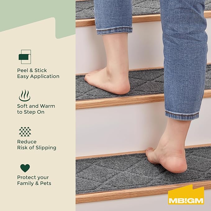 MBIGM 8" X 30" (15 in Pack) Non-Slip Carpet Stair Treads Non-Skid Safety Rug Slip Resistant Indoor Runner for Kids Elders & Pets with Reusable Adhesive - Dark Gray Diamond Weave