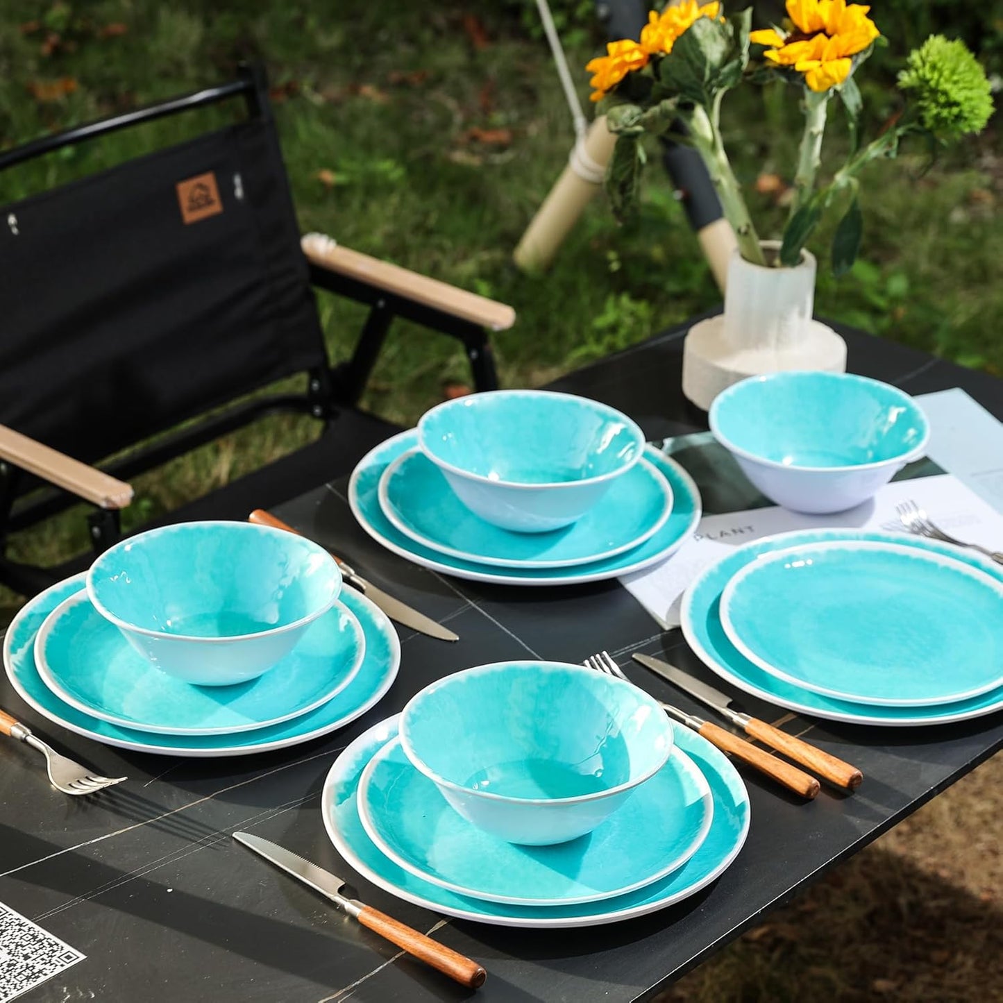 Melamine Dinnerware Sets 12 Pcs, Melamine Plates and Bowls,Party Plates and Bowls Sets, Camping Dishes Set for 4, Unbreakable, BPA Free, Dishwasher Safe （Lake Green）