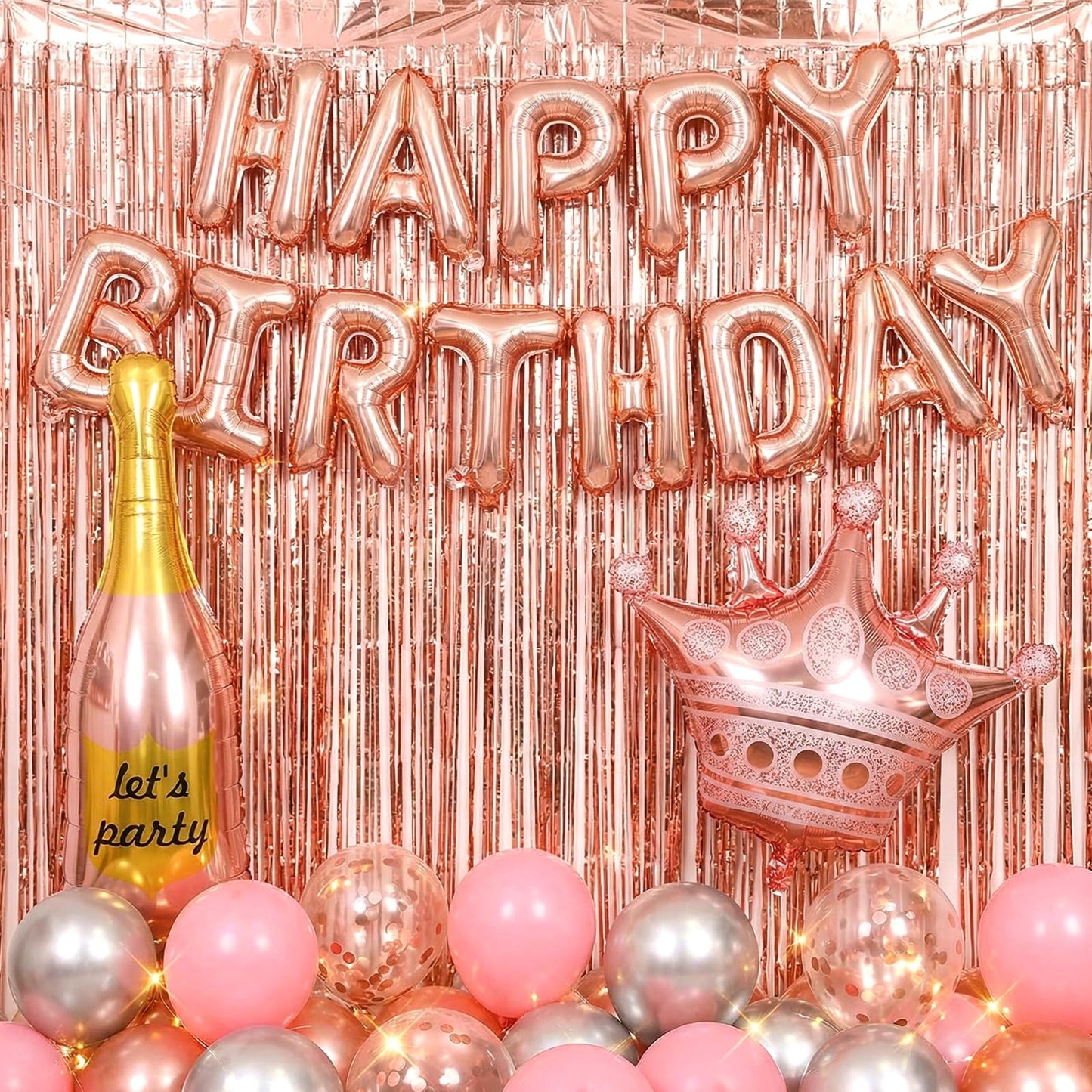Ckhoid 60PCS Birthday Party Decoration Rose Gold Party Backdrop with Happy Birthday Banner Pink Fringe Curtain Foil & Confetti Crown Wine Bottle Lipstick Birthday Balloons for Women Birthday Party