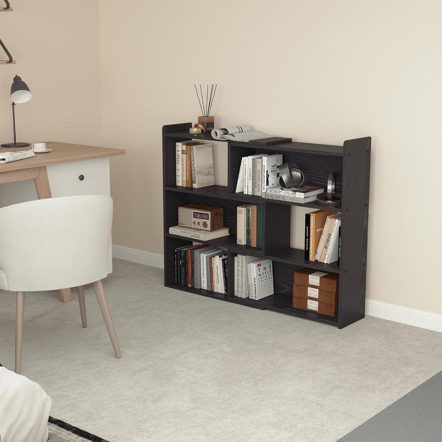 Open Shelf Low Bookcase,Wooden 4-Tier Floor Standing Expandable 25-47 inch Wide Bookcase,with Side Panels Frame for Home and Office