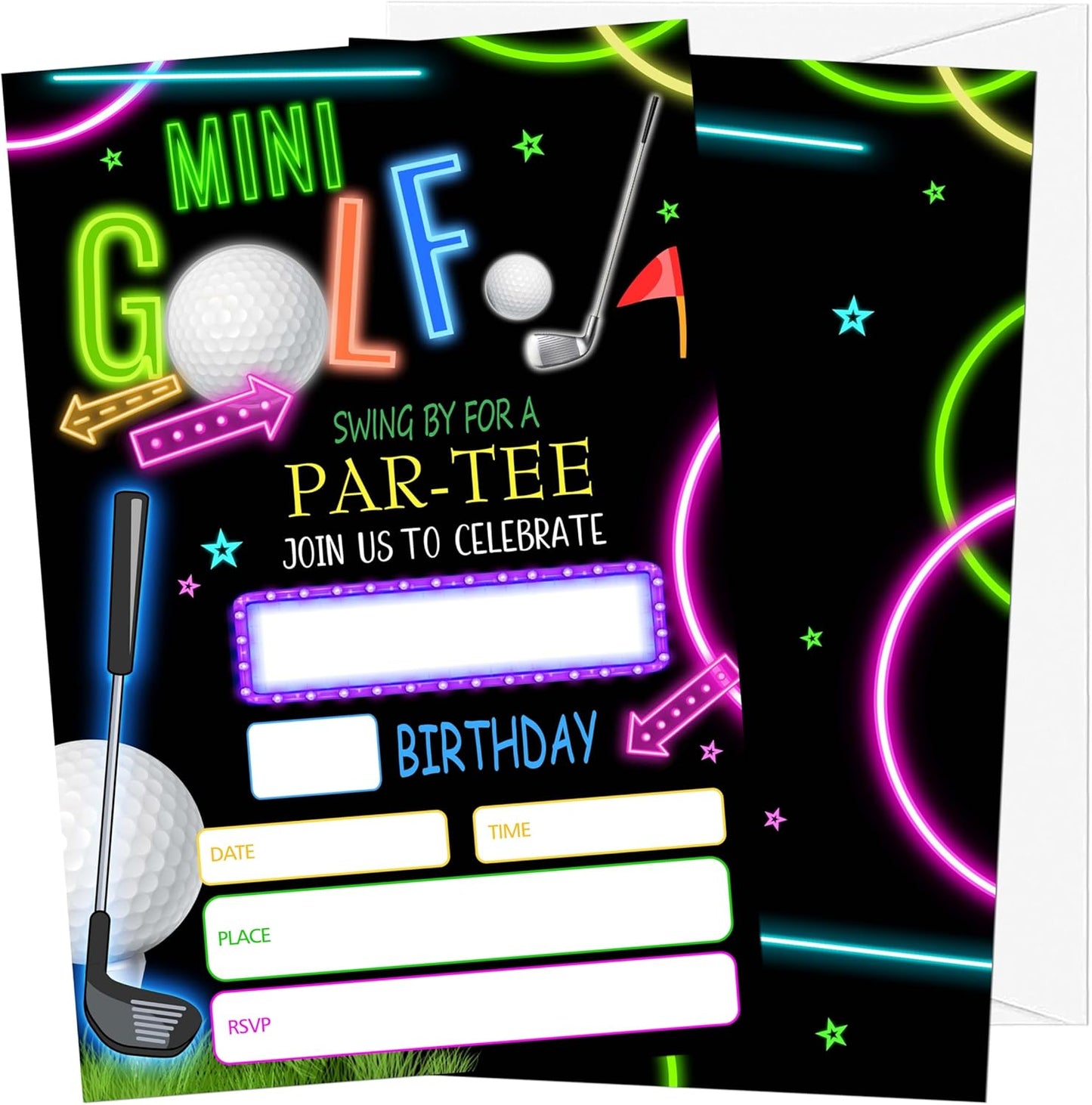 Golf Birthday Invitations for Boys Girls, 20 Invitation Cards with Envelopes, Neon Glow Invites for Party Decorations Favor Supplies - A28
