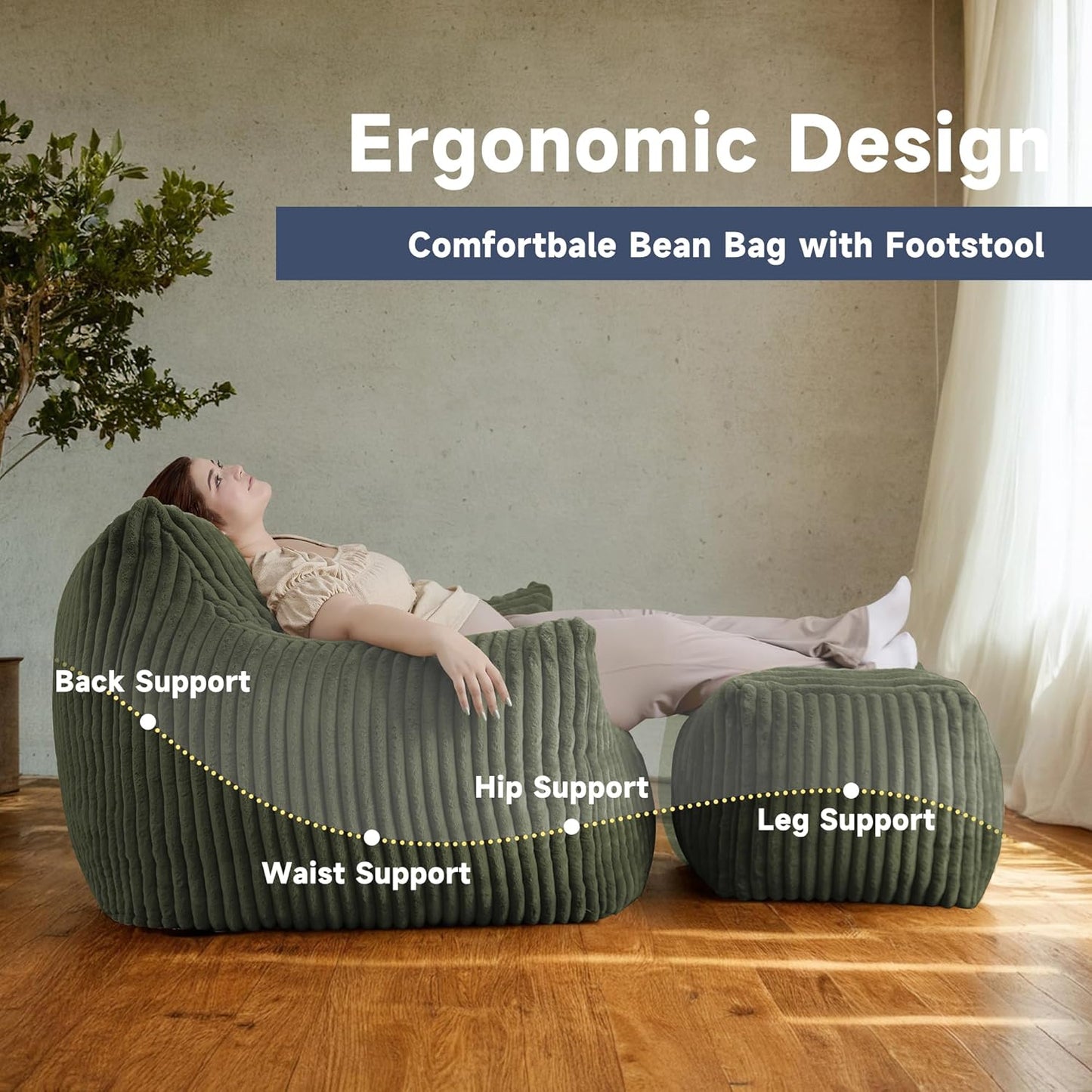 Giant Bean Bag Chairs for Adults, Oversized Chaise Lounge Chair Indoor with Memory Foam - Plush Boneless Lounger & Ottoman for Bedroom, Living Room, Gaming & Reading, Lazy Floor Sofa Chair, Green