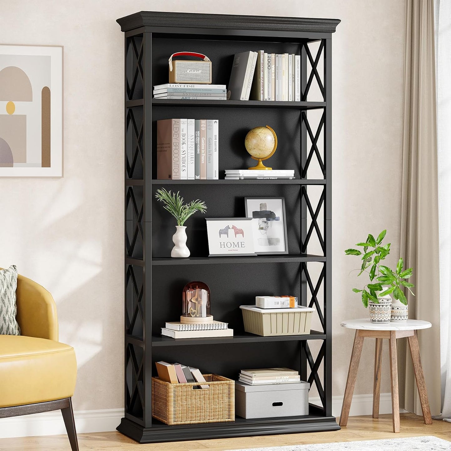 Tribesigns 6-Tier Bookcase, 71 Inches Industrial Bookshelves and Bookcases, Floor Standing 5 Shelf Display Storage Shelves Tall Bookcase for Home Office, Living Room, Bed Room, All Black