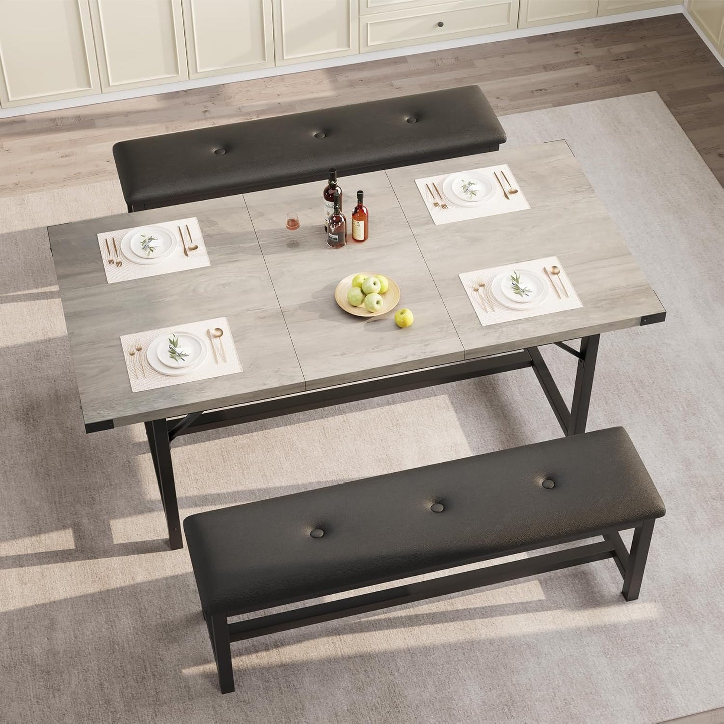 GarveeHome Dining Table Set for 4-6, 63" Extendable Wood Dining Room Table with Corner Protector & 2 Upholstered Benches, Kitchen Table Set for Apartment, Small Space, Easy Assembly,Retro Gray
