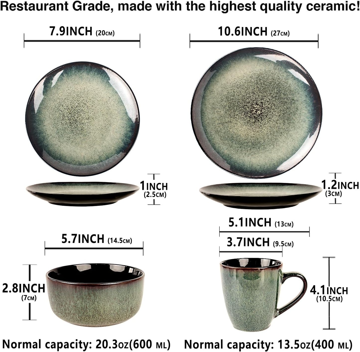 Dinnerware Sets(16Pcs) Serves for 4, Reactive Glaze Plates and Bowls Set with Mug,7.9"Small Plate,10.6"dinner Plate,5.5"bowl, Modern kitchen tableware,Microwave safe, Set No.3