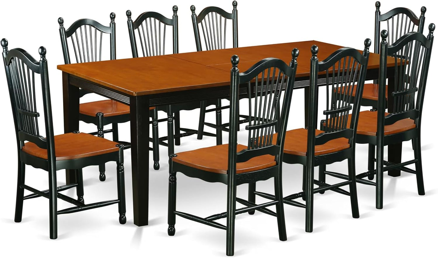 East West Furniture QUDO9-BCH-W 9 Piece Dining Table Set Includes a Rectangle Dining Room Table with Butterfly Leaf and 8 Wooden Seat Chairs, 40x78 Inch, Black & Cherry