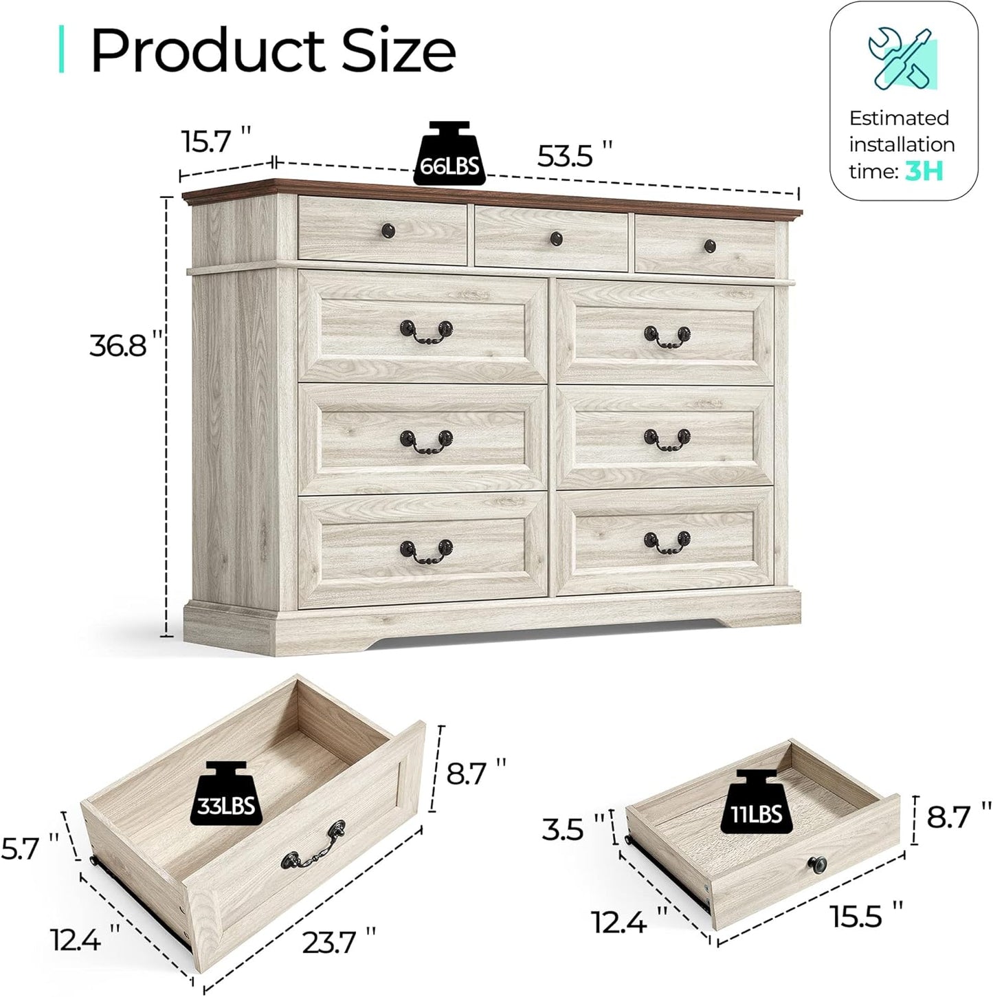 LINSY HOME Farmhouse 9 Drawers Dresser for Bedroom, Wood Bedroom Dresser Wide Chest of Drawers, French Country Storage Double Dressers Organizer for Closet, Living Room, Beige