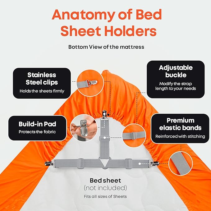5 STARS UNITED Bed Sheet Straps Set | Easy to Use Adjustable Elastic Fasteners with Metal Clips | Sheet Holders for Corners | Fitted Sheet Clips to Hold Sheets in Place | (4 Pcs Grey)