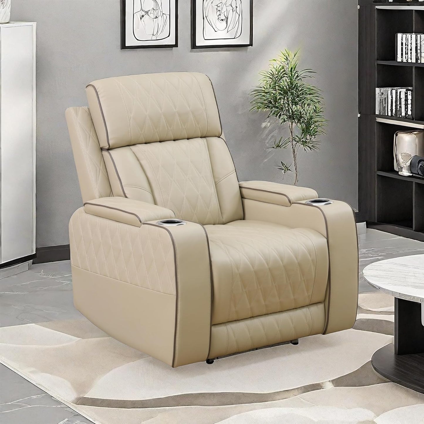 Recliner Chair, Leather Recliner Home Theater Seating, Electric Reclining Chair with USB Ports and Cup Holders, Breathing Chair with Hidden Arm Storage, Ambient Lighting, Beige