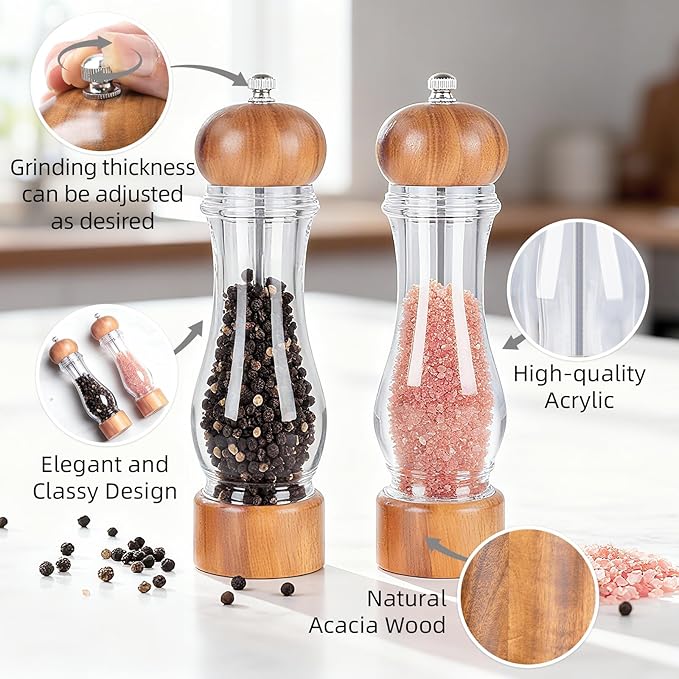 Acacia Wood & Acrylic Pepper Grinder, Wooden Pepper Mill with Adjustable Ceramic Grinder, Salt and Pepper Grinder Set for Kitchen & Dining, Durable Manual Salt Grinder