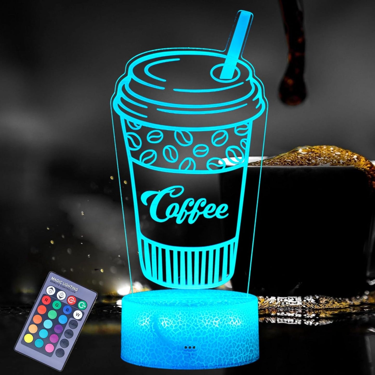 Coffee Gift, Coffee Cup Decor, 3D Illusion Night Light Lamp, 16 Colors Changing, Remote Control, Dimmable, Cafe Shop Room Decoration