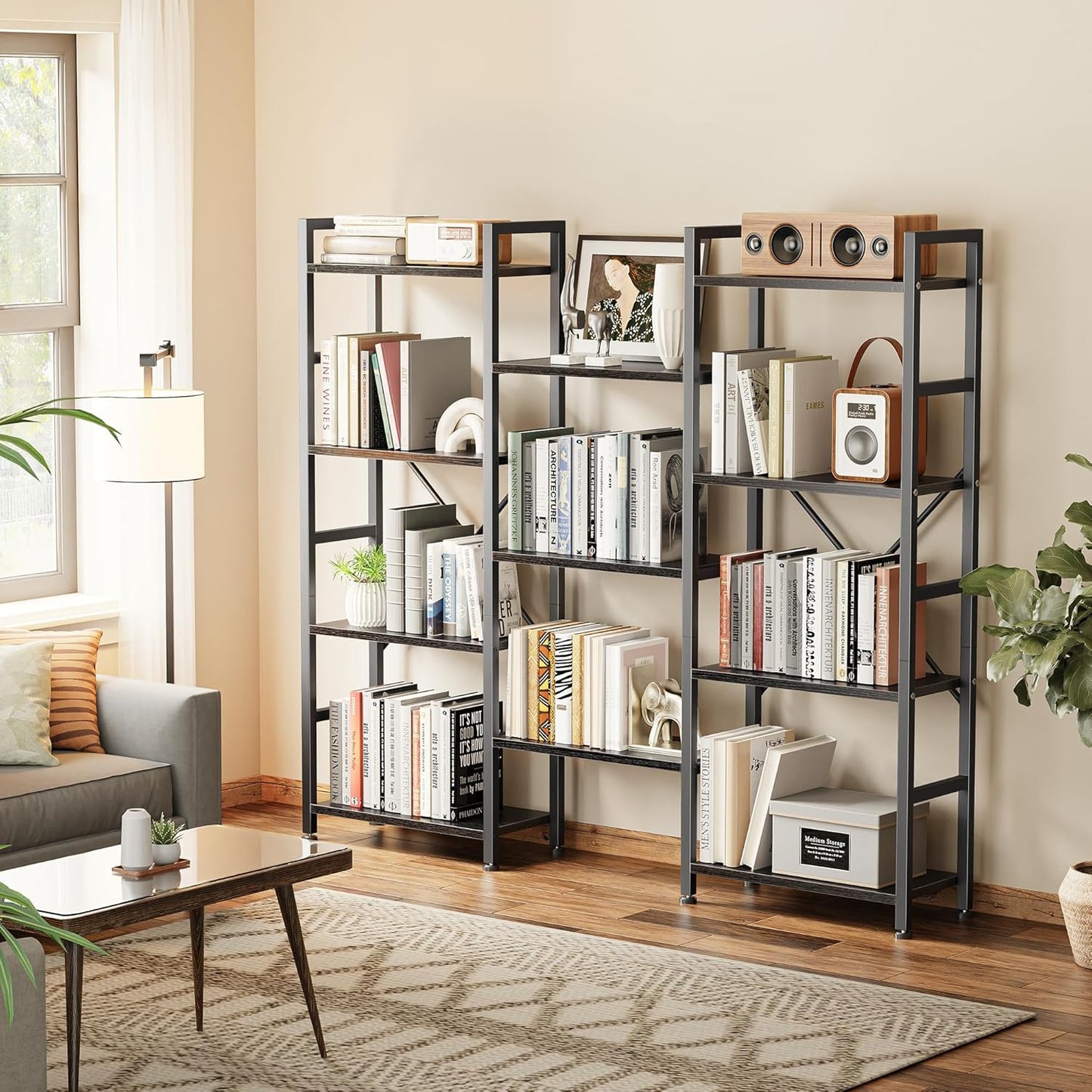 SUPERJARE Triple 4 Tier Bookshelf, Bookcase with 11 Open Display Shelves, Wide Book Shelf Book Case for Home & Office, Black