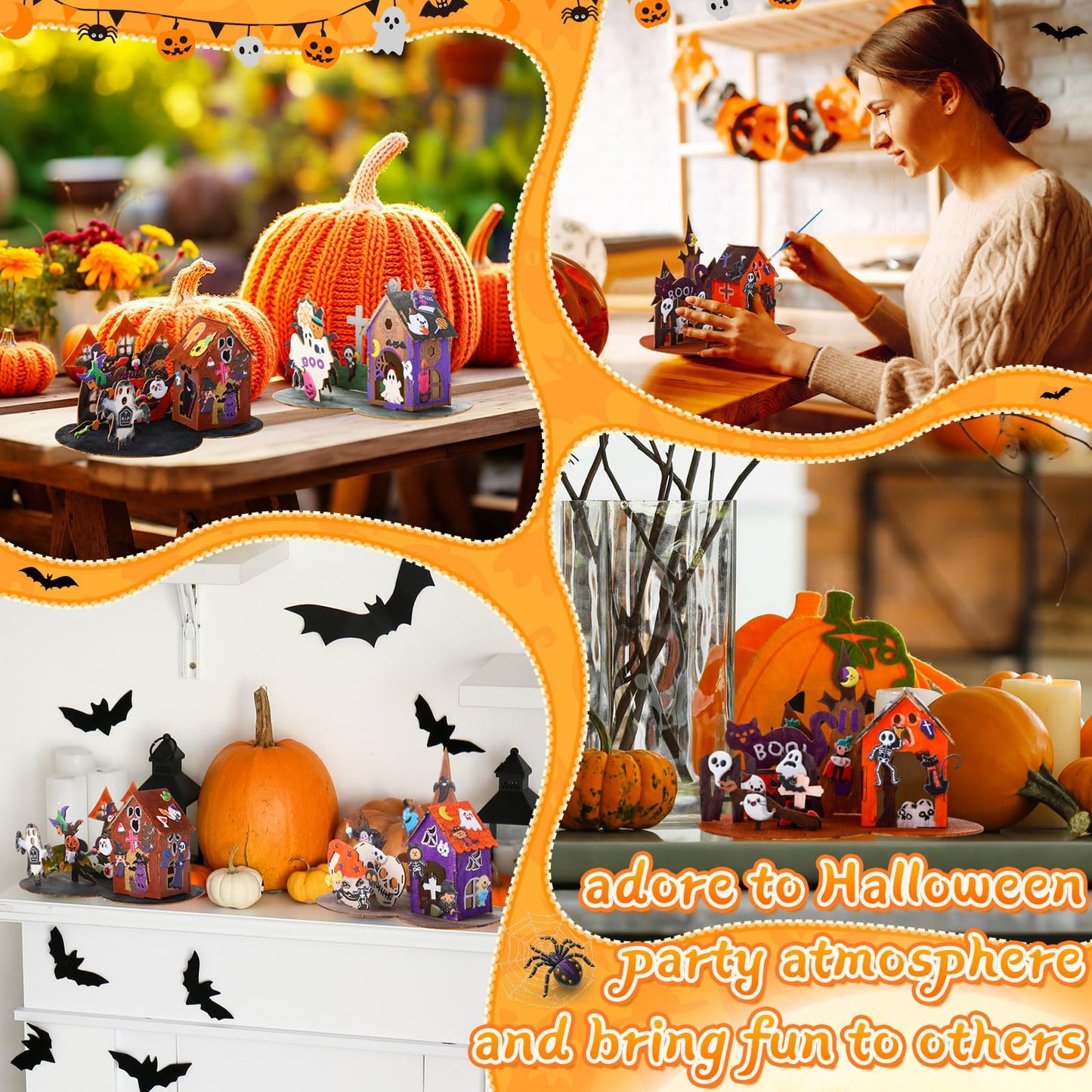 Poen 4 Set 3D Wooden Halloween Haunted House Crafts Kit DIY Wood Ghost House Puzzles Set with Paints Brushes Stickers for Halloween Home Table Decoration Party Gifts Supplies Indoor Decor