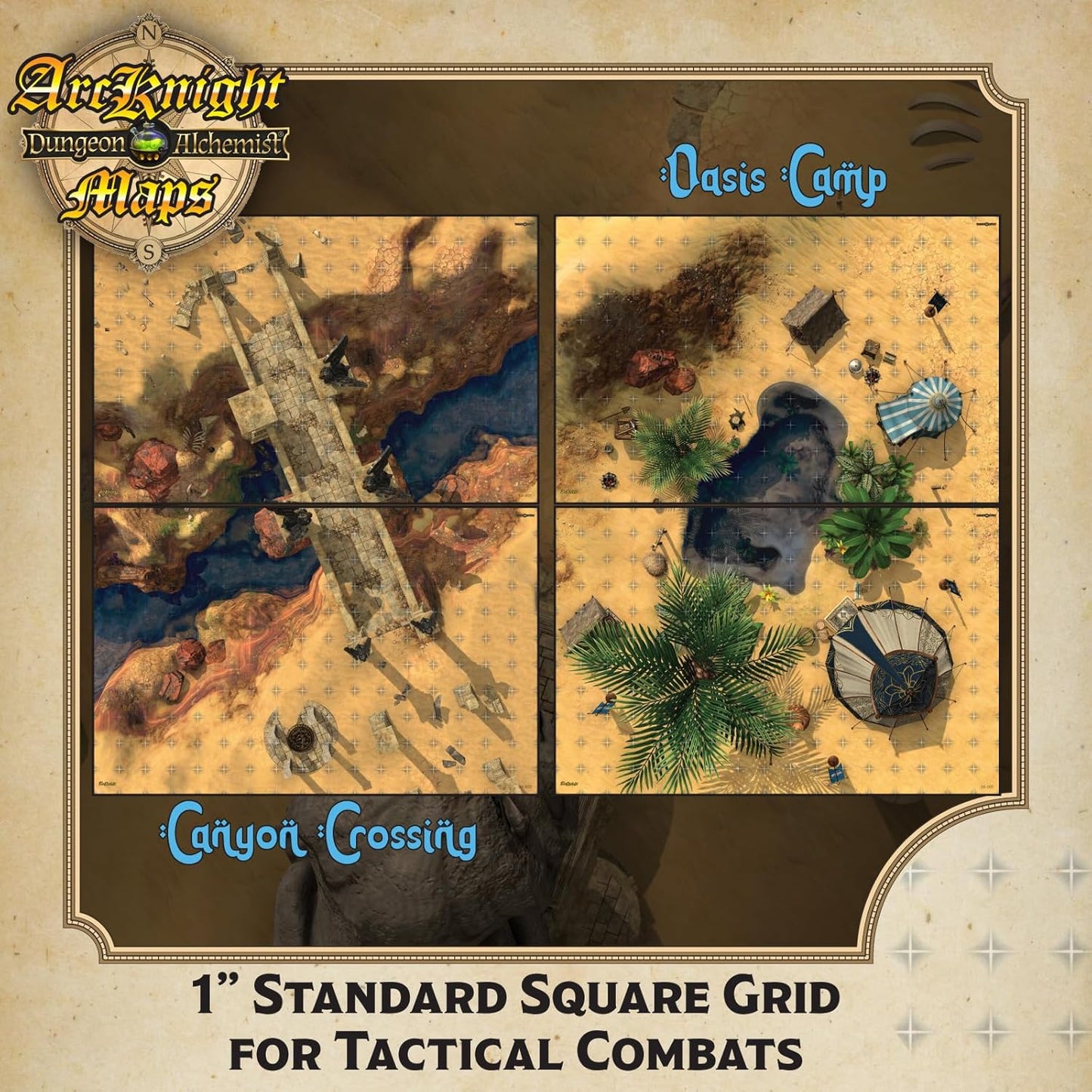 Arcknight Desert Adventures Roleplaying D&D Battlemaps; 16 Modular RPG Maps in 8 Double-Sided Pages, 1" Square Grid, Modular & Versatile Design for Tabletop Gaming - for Dungeons & Dragons & More