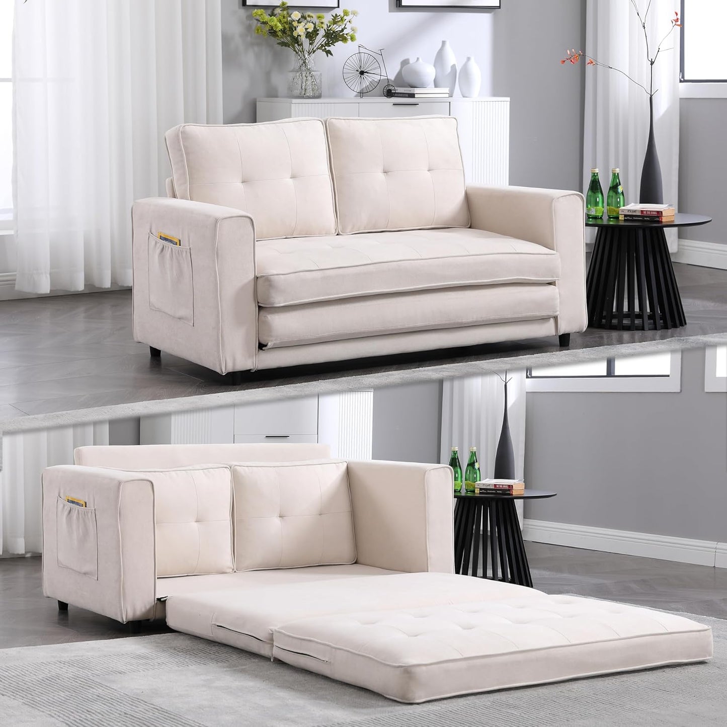 ERYE 3 Fold Tufted Upholstered Futon Sofa Bed Modern Convertible Foldable Floor Loveseat Sofabed with Pull Out Sleeper Couch Daybed W/Side Pockets for Living Room