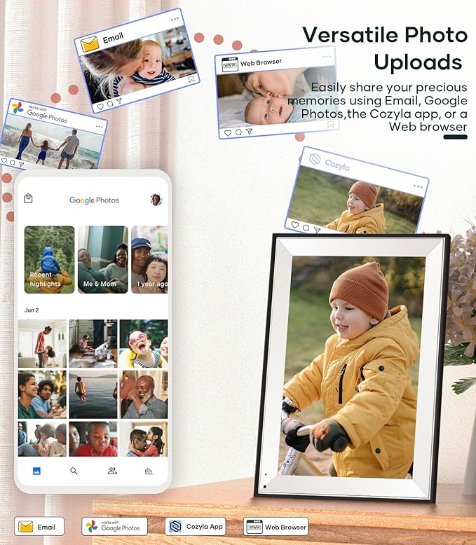 Cozyla Digital Photo Frame WiFi Smart Digital Picture Frame Unlimited Storage Share Photo with Family and Friend via App Email Google Photos Instagram Web Browser Photo Frame Electronic 10.1 Inch Mat