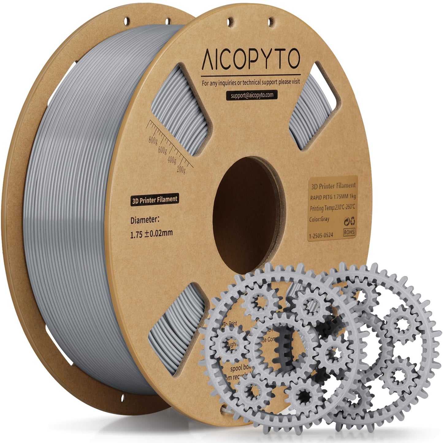 AICOPYTO PETG Filament 1KG Grey, High Speed 30-600mm/s 3D Printer Filament Rapid PETG 1.75mm Dimensional Accuracy +/- 0.02mm, 1k
