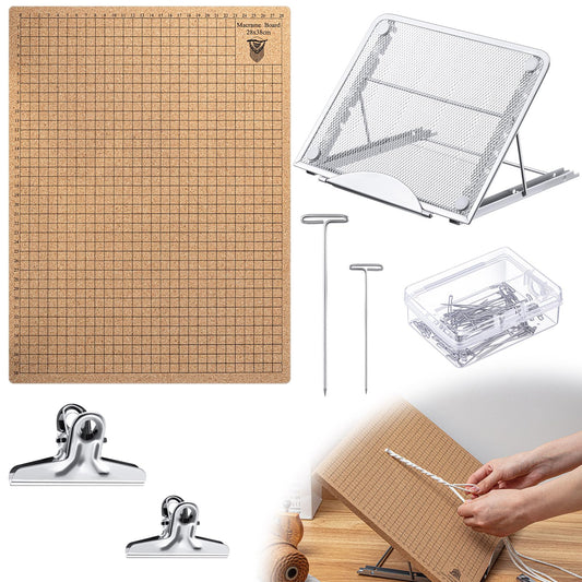 Tandefio 104 Pcs 12x16 Inch Macrame Board and Metal Adjustable Holder with T Pins Clips Macrame Project Supplies Tools Double Sided Grids for Braiding Cording Bracelet Creating