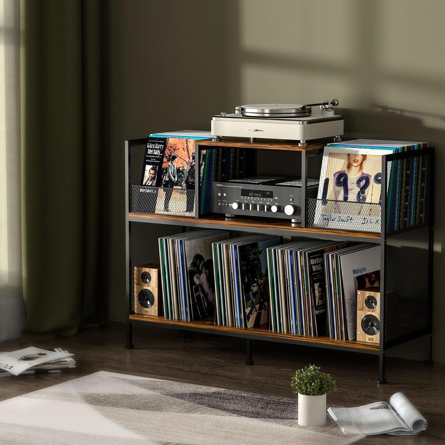 Large Vintage Record Player Table with 4 Adjustable Dividers, Vinyl Record Storage Cabinet for Up to 350 Albums, Medieval Turntable Stand for Living Room, Bedroom (Patent Pending)