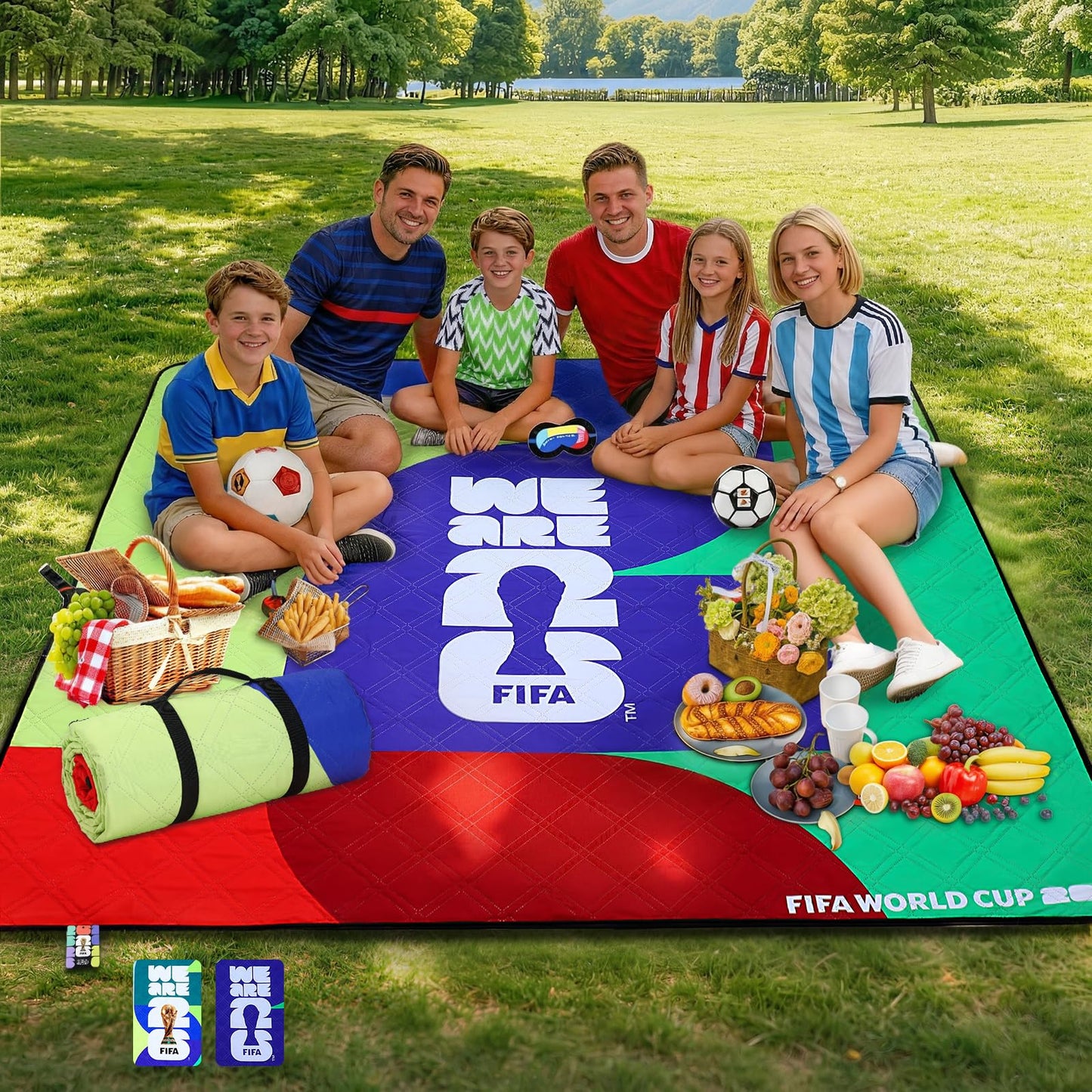 MESUCA FIFA World Cup 2026 Picnic Blankets, World Cup Trophy Design Outdoor Blanket, 75''x79'' Large Beach Blanket Waterproof Sandproof, Foldable 20*6" Picnic Mat, FIFA 26 Official Licensed - FIFA 26