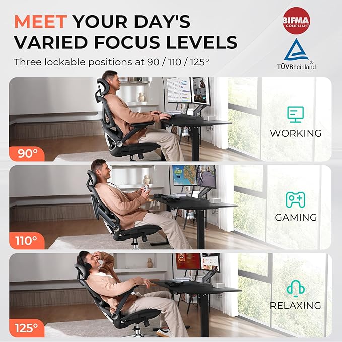 CAPOT Ergonomic Mesh Office Chair, Adjustable Lumbar High Back Desk Chair 400lbs, 4D Flip-up Arms, 3 Tilt Backrest, 3D Headrest, PU Wheels, Swivel Rolling Computer Chair for Long Desk Work - Black