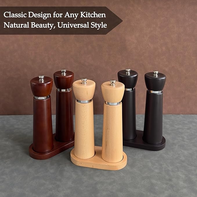 Wooden Pepper Grinder – Refillable Pepper Mill with Adjustable Upgraded Large Size Ceramic Burr – Manual Salt Grinder with Beech Wood Body – 8.3” Tall (Chocolate Wood)