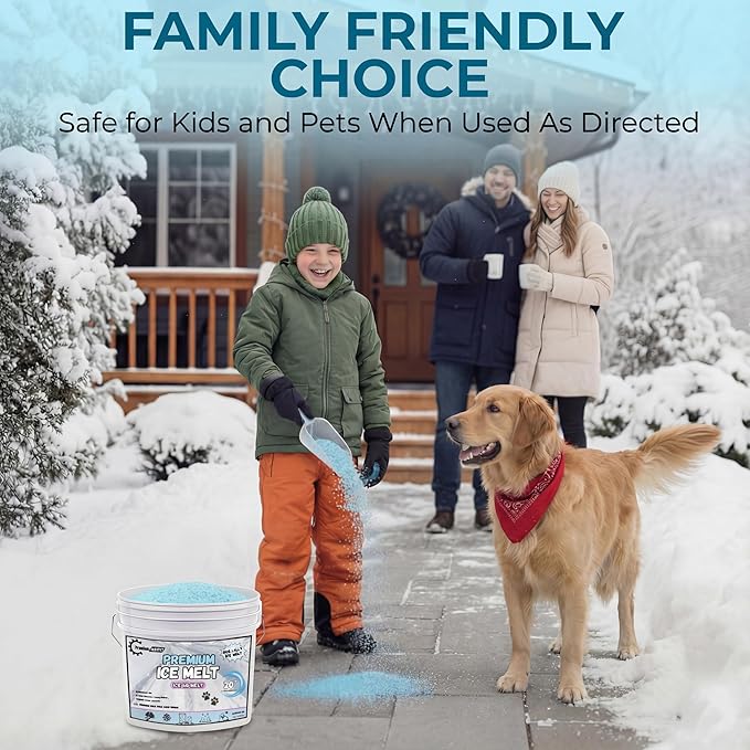 Pet-Friendly Ice Melt - Fast-Acting Magnesium Chloride Formula, Safer for Pets & Surfaces, 45lb Bucket with Scoop