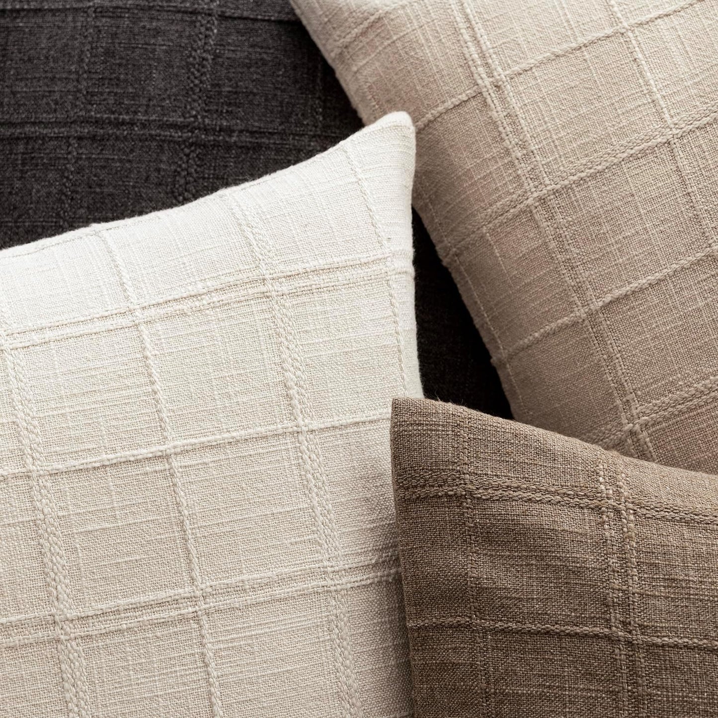 Foindtower Set of 2 Decorative Linen Check Throw Pillow Covers Neutral Farmhouse Vintage Cushion Covers Modern Boho Home Decor For Sofa Chair Couch Bedroom Living Room Outdoor,18×18 Inch,Natural Linen