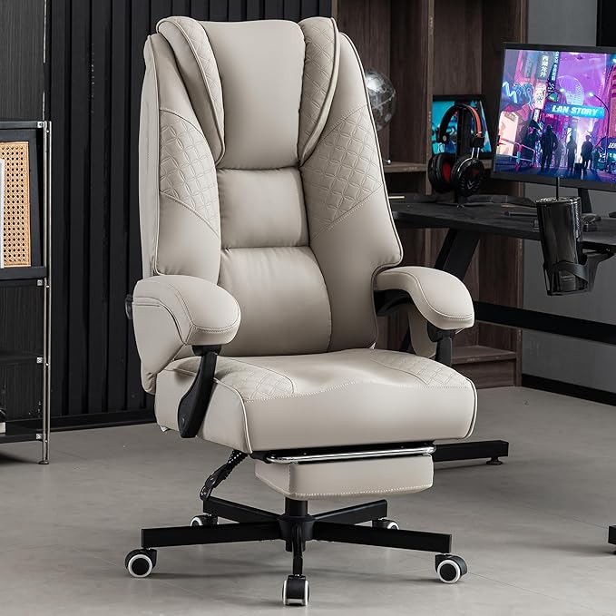 Big and Tall Office Chair 400lbs Heavy Duty Gaming Chair with Foot Rest & Lumbar Support, Ergonomic Wide Comfy Seated Cushion for for Gaming Room,Office Room, Beige