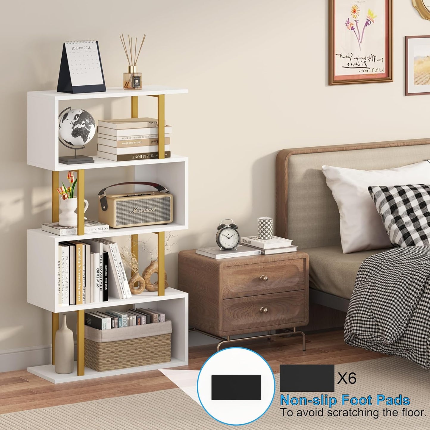 Yusong Geometric Bookcase, S Shaped Bookshelf 4-Tier Book Shelves for Bedroom, Modern Wood Decorative Display Shelf Tall Book Case for Home Office, Gold and White