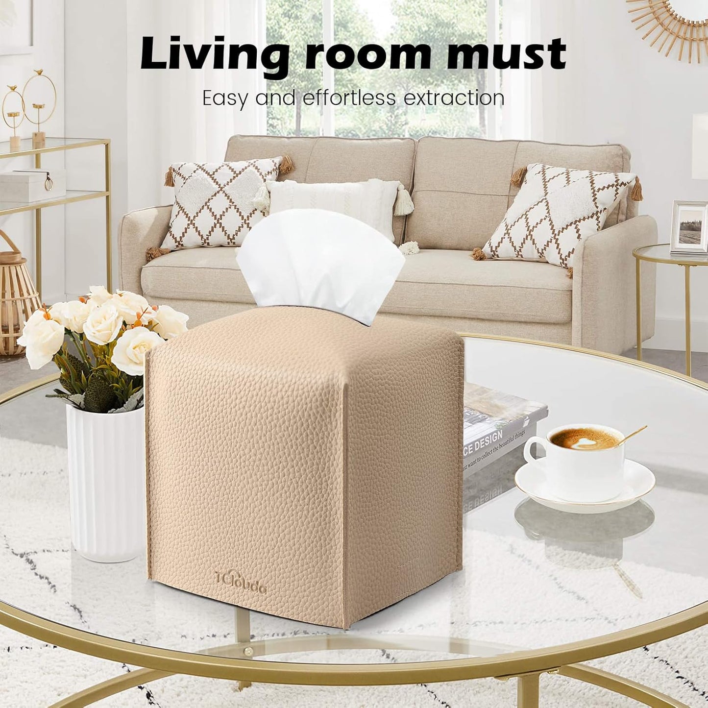 Tissue Box Cover, Tclouda, Modern PU Leather Square Tissue Box Holder for Creative Decorative, 4 Pack, Ideal for Bathrooms/Office/Car/Nightstand/Outdoor Tent, 5"X5"X5", White&Beige&Gray&Claybank