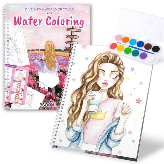 Water Coloring Book for Beginners Painting Kits for Kids Ages 5 and Up, Watercolor Paint Book with 12 Paint Palettes, 1 Brush, and Guides, Fashion Painting for Girls with 15 Pre-Drawn Models