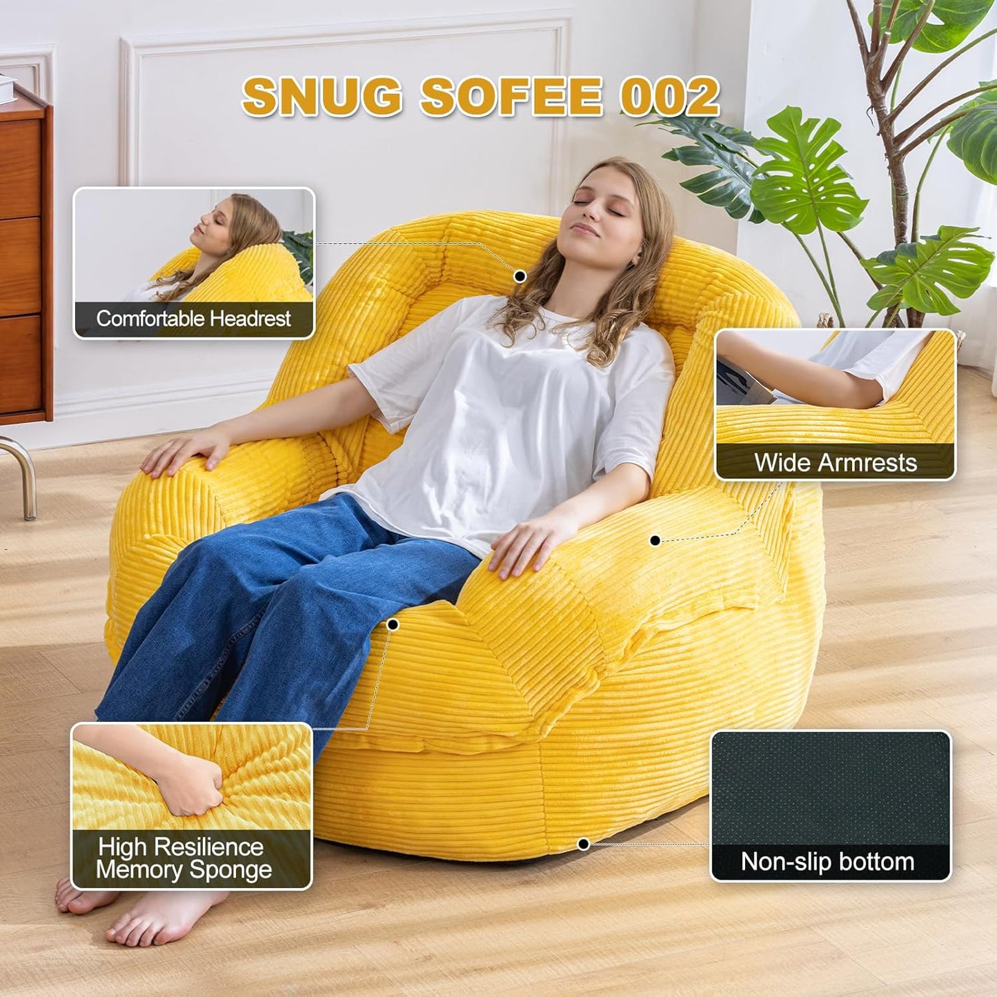 Giant Bean Bag Chair with Armrests - Oversized Cozy Seating for Adults, Corduroy Fabric & High - Density Foam Filling, Ideal Lounge for Living Room, Bedroom & Gaming Room (Corn Yellow)