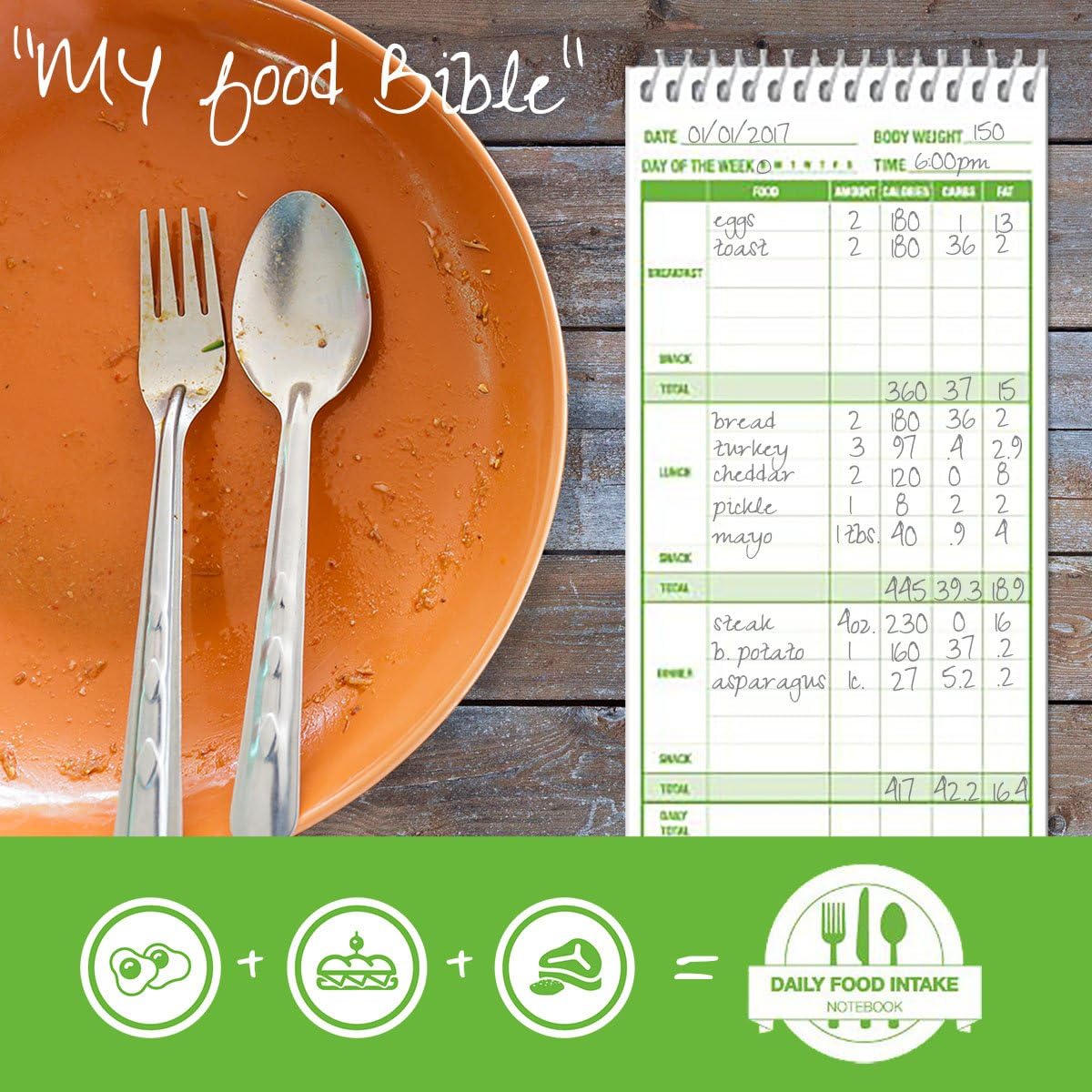 Portage Food Diet Journal - Notebook for Daily Food Intake with Template to Track Calories, a Diet Diary, Meal Tracker – 4 x 8 Inches, 70 Sheets, 140 Pages, (Pack of 3)