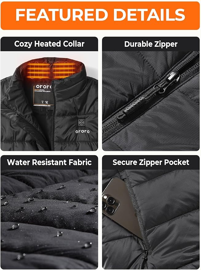 ORORO Men's Lightweight Heated Vest with USB-C Rechargeable Battery, Puffer Classic Heating Vest
