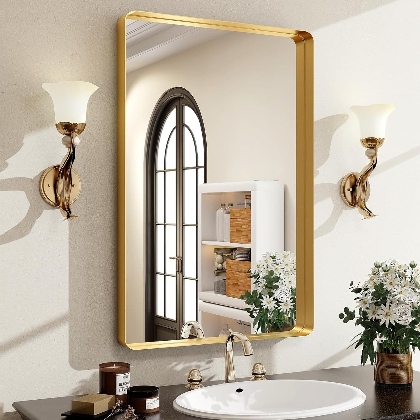 30 x 22 Inch Gold Bathroom Mirror for Wall,Aluminum Alloy Frame Rectangular Wall Mounted Mirror for Farmhouse Decor Horizontal or Vertical Ideal for Bedroom, Living Room