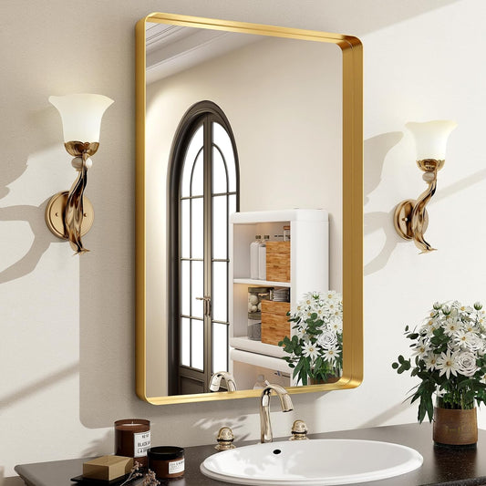 30 x 22 Inch Gold Bathroom Mirror for Wall,Aluminum Alloy Frame Rectangular Wall Mounted Mirror for Farmhouse Decor Horizontal or Vertical Ideal for Bedroom, Living Room