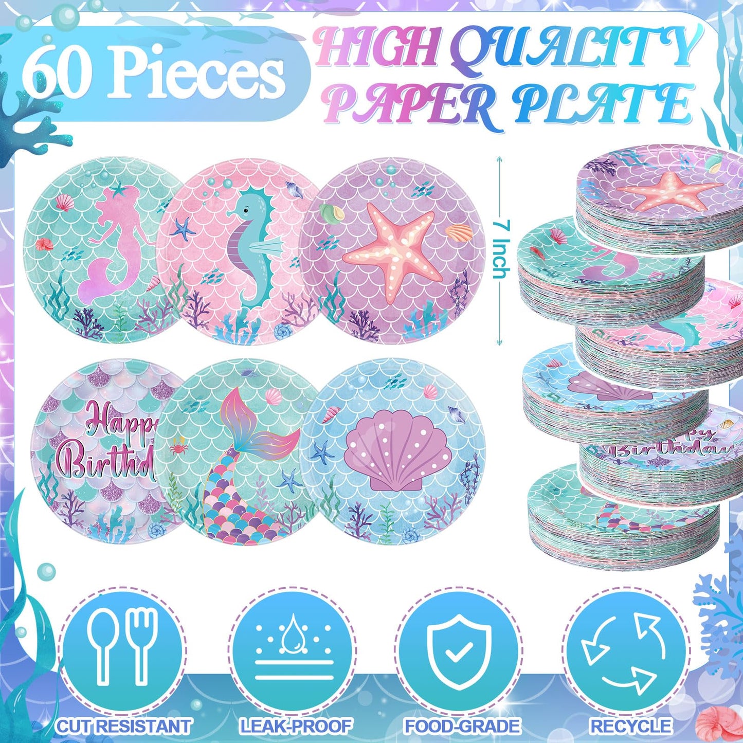 Funnymoom 60 Pcs Mermaid Birthday Party Decor 7 Inch Mermaids Dessert Paper Plates Under the Sea Disposable Dinner Cake Plates Princess Shell Dinnerware for Ocean Baby Shower Party Supplies