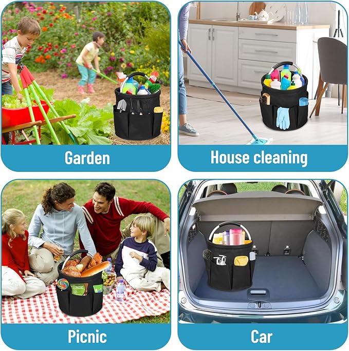 17L Cleaning Caddy with Handle,Foldable Tool Storage Basket,Garden Tool Organizer with 6 Pockets,Portable Cleaning Bucket Organiser for Storing Towels,Home Storage (Black)