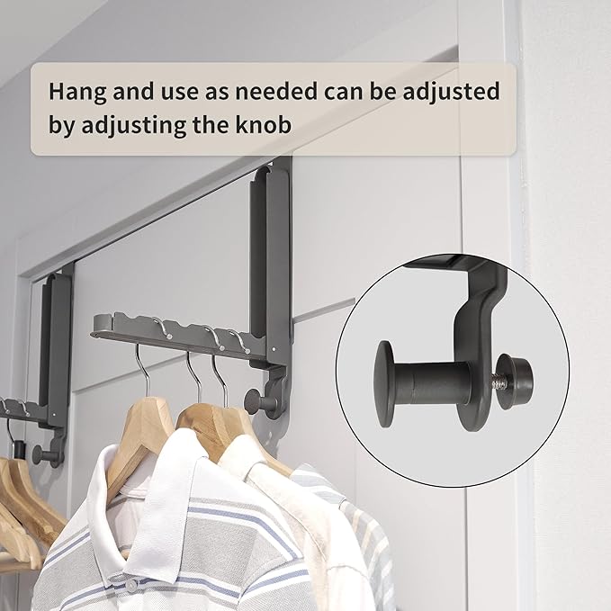 Over The Door Hooks Hanger Fit Door up to 1 3/4" Optimal 2pc,Over The Door Hanger with Retractable Rod,Foldable Over The Door Drying Rack for Laundry Bathroom Bedroom (Space Grey, 2 Pack)