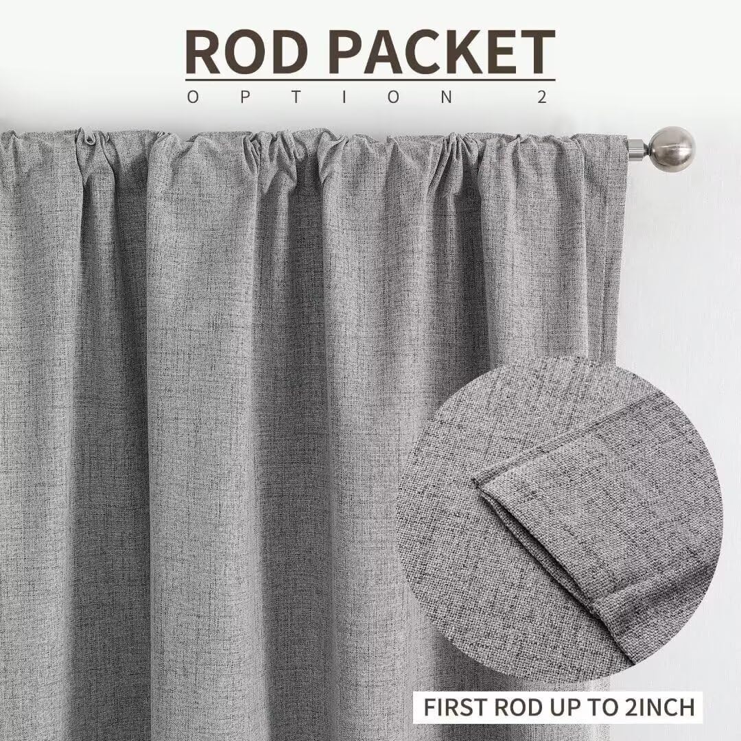 Joydeco Natural Linen Curtains 90 inch Length 2 Panels Set Burg 100% Blackout Patio Door Curtain Room Darkening Sliding Door Curtains Thermal Insulated Back tab Rod Pocket(105x90 inch, Light Grey)