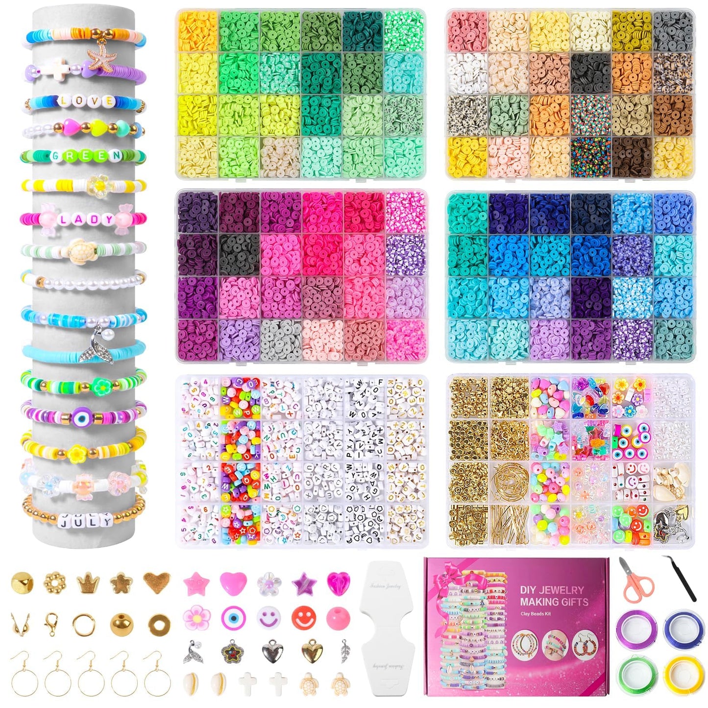 18000 Pcs Clay Beads Bracelet Making Kit 6 Boxes 96 Colors Friendship Jewelry Making kit Polymer Set with 1000 Letter Beads and 850 Charms Crafts